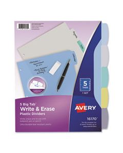 AVE16170 WRITE AND ERASE BIG TAB DURABLE PLASTIC DIVIDERS, 3-HOLD PUNCHED, 5-TAB, 11 X 8.5, ASSORTED, 1 SET