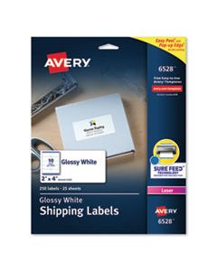 AVE6528 GLOSSY WHITE EASY PEEL MAILING LABELS W/ SURE FEED TECHNOLOGY, LASER PRINTERS, 2 X 4, WHITE, 10/SHEET, 25 SHEETS/PACK