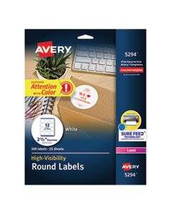 AVE5294 PERMANENT LASER PRINT-TO-THE-EDGE ID LABELS W/SUREFEED, 2 1/2"DIA, WHITE, 300/PK