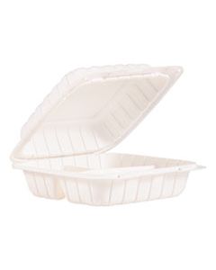 DCC85MFPPHT3 HINGED LID THREE COMPARTMENT CONTAINERS, 8.3" X 8" X 3", WHITE, 150/CARTON