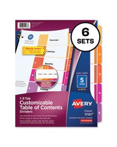 AVE11187 CUSTOMIZABLE TOC READY INDEX MULTICOLOR DIVIDERS, 5-TAB, LETTER, 6 SETS