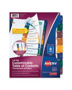 AVE11817 CUSTOMIZABLE TABLE OF CONTENTS READY INDEX DIVIDERS WITH MULTICOLOR TABS, 8-TAB, 1 TO 8, 11 X 8.5, TRANSLUCENT, 1 SET