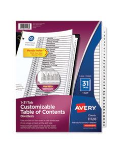 AVE11128 CUSTOMIZABLE TOC READY INDEX BLACK AND WHITE DIVIDERS, 31-TAB, LETTER