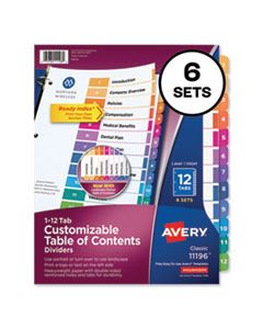 AVE11196 CUSTOMIZABLE TOC READY INDEX MULTICOLOR DIVIDERS, 12-TAB, LETTER, 6 SETS