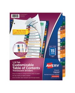 AVE11820 CUSTOMIZABLE TABLE OF CONTENTS READY INDEX DIVIDERS WITH MULTICOLOR TABS, 15-TAB, 1 TO 15, 11 X 8.5, TRANSLUCENT, 1 SET
