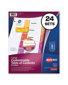 AVE11167 CUSTOMIZABLE TOC READY INDEX MULTICOLOR DIVIDERS, 5-TAB, LETTER, 24 SETS