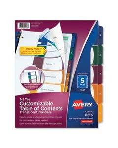 AVE11816 CUSTOMIZABLE TABLE OF CONTENTS READY INDEX DIVIDERS WITH MULTICOLOR TABS, 5-TAB, 1 TO 5, 11 X 8.5, TRANSLUCENT, 1 SET