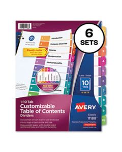 AVE11188 CUSTOMIZABLE TOC READY INDEX MULTICOLOR DIVIDERS, 10-TAB, LETTER, 6 SETS