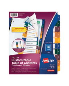 AVE11818 CUSTOMIZABLE TABLE OF CONTENTS READY INDEX DIVIDERS WITH MULTICOLOR TABS, 10-TAB, 1 TO 10, 11 X 8.5, TRANSLUCENT, 1 SET