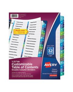AVE11322 CUSTOMIZABLE TOC READY INDEX DOUBLE COLUMN MULTICOLOR DIVIDERS, 32-TAB, LETTER