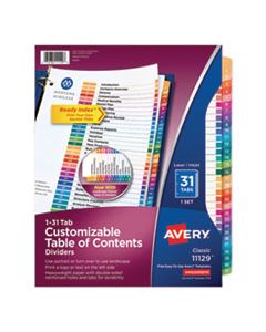 AVE11129 CUSTOMIZABLE TOC READY INDEX MULTICOLOR DIVIDERS, 31-TAB, LETTER