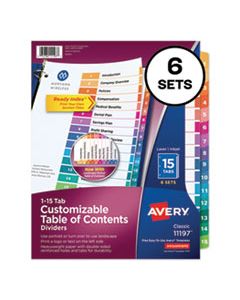 AVE11197 CUSTOMIZABLE TOC READY INDEX MULTICOLOR DIVIDERS, 15-TAB, LETTER, 6 SETS