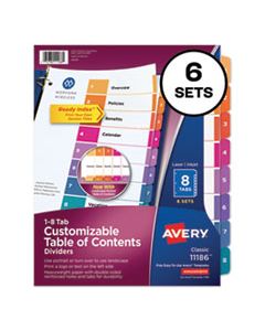 AVE11186 CUSTOMIZABLE TOC READY INDEX MULTICOLOR DIVIDERS, 8-TAB, LETTER, 6 SETS