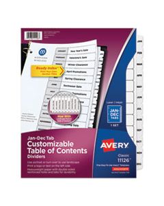 AVE11126 CUSTOMIZABLE TOC READY INDEX BLACK AND WHITE DIVIDERS, 12-TAB, LETTER