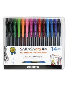 ZEB46824 SARASA DRY GEL X20 RETRACTABLE GEL PEN, MEDIUM 0.7MM, ASSORTED INK/BARREL, 14/PACK