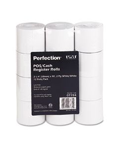 PMC07784 IMPACT PRINTING CARBONLESS PAPER ROLLS, 2.25" X 90 FT, WHITE/WHITE, 12/PACK
