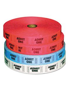 PMC59001 ADMIT-ONE TICKET MULTI-PACK, 4 ROLLS, 2 RED, 1 BLUE, 1 WHITE, 2000/ROLL