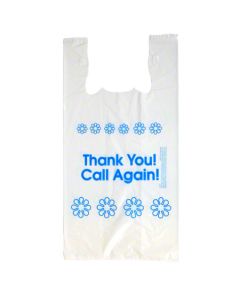 CAL-12722R-W UNISTAR 1367-2190 T-SHIRT POLY BAG W/ “THANK YOU! CALL AGAIN!” - 11.5" X 6.5' X 22" – LDPE, 1C1S – WHITE/BLUE IMPRINT, 0.8 MIL – 500/CS