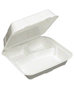PA-YTD1-9903 PACTIV VENTRED FOAM HINGED LID FOOD CONTANER 9"X9"X3.375, WHITE, POLY FOAM, 3-COMP, COVENTIONAL, DUAL TAB, 150/CS