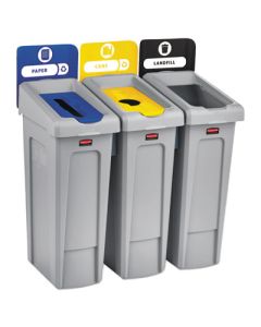 RCP2007917 RUBBERMAID SLIM JIM RECYCLING STATION KIT, 3-STREAM, LANDFILL/PAPER/BOTTLES/CANS, 69GAL, PLASTIC, BLUE/GRAY/YELLOW, KIT