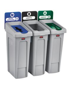 RCP2007918 RUBBERMAID SLIM JIM RECYCLING STATION KIT, 3-STREAM, LANDFILL/MIXED RECYCLING, 69GAL, PLASTIC, BLUE/GRAY/GREEN, KIT