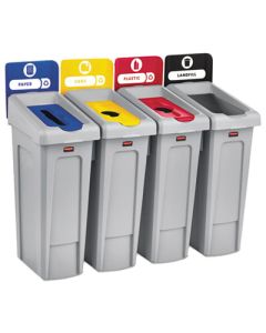 RCP2007919 RUBBERMAID SLIM JIM RECYCLING STATION KIT, 4-STREAM LANDFILL/PAPER/PLASTIC/CANS, 92GAL, PLASTIC BLUE/GRAY/RED/YELLOW, KIT